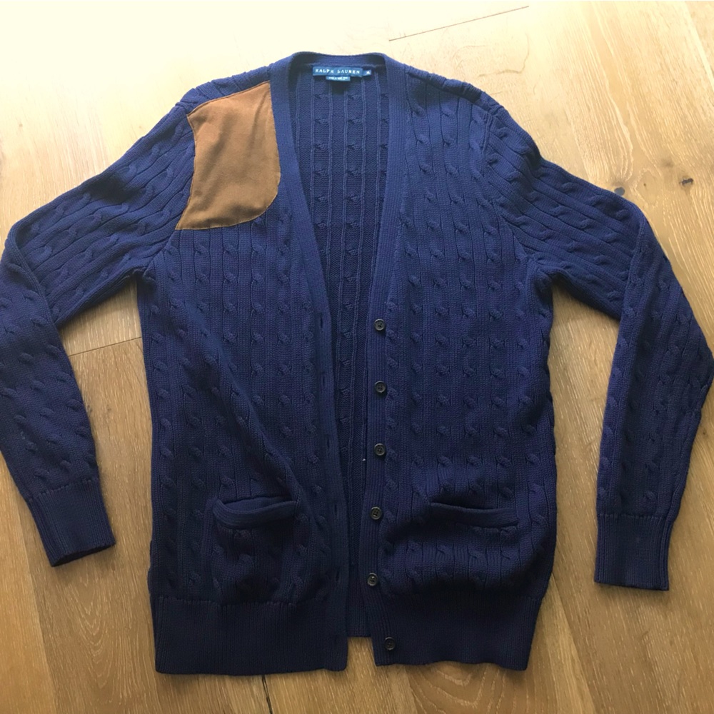 Ralph Lauren Cable Knit V Neck Cardigan Sweater Suede Shoulder Patch XL